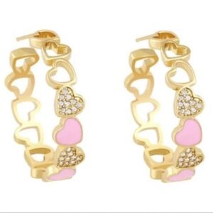 Gold/Pink Enamel Heart Hoop Earrings